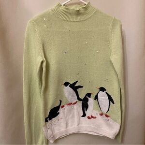 Vtg Susan Bristol Light Green Sequin Beaded Penguin Holiday Sweater